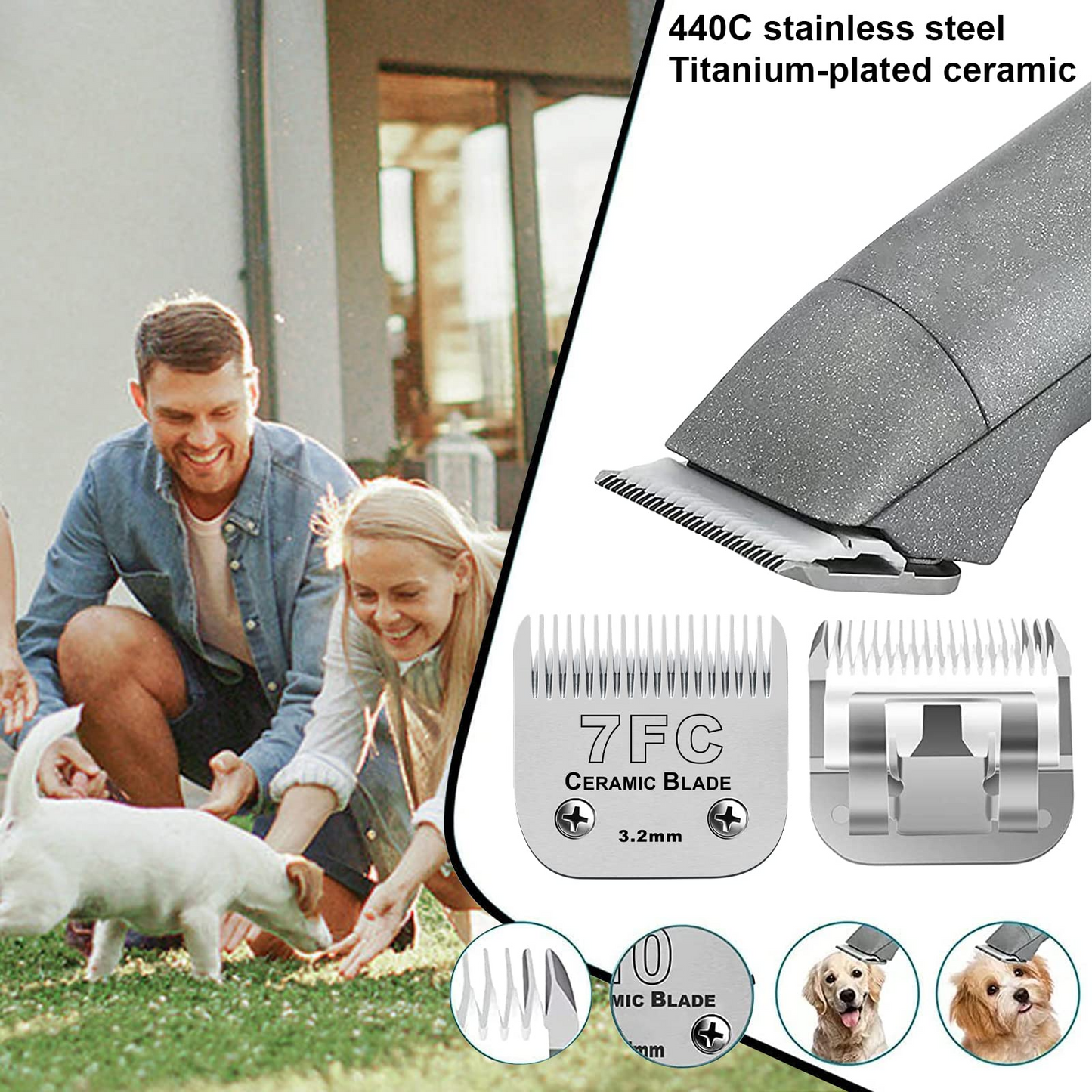 Dog Grooming Clipper Replacement Blades Compatible with Andis/Wahl / Oster Dog Clippers,Detachable Ceramic Blade & Stainless Steel Blades(4FC+3FC+5FC+7FC+10)