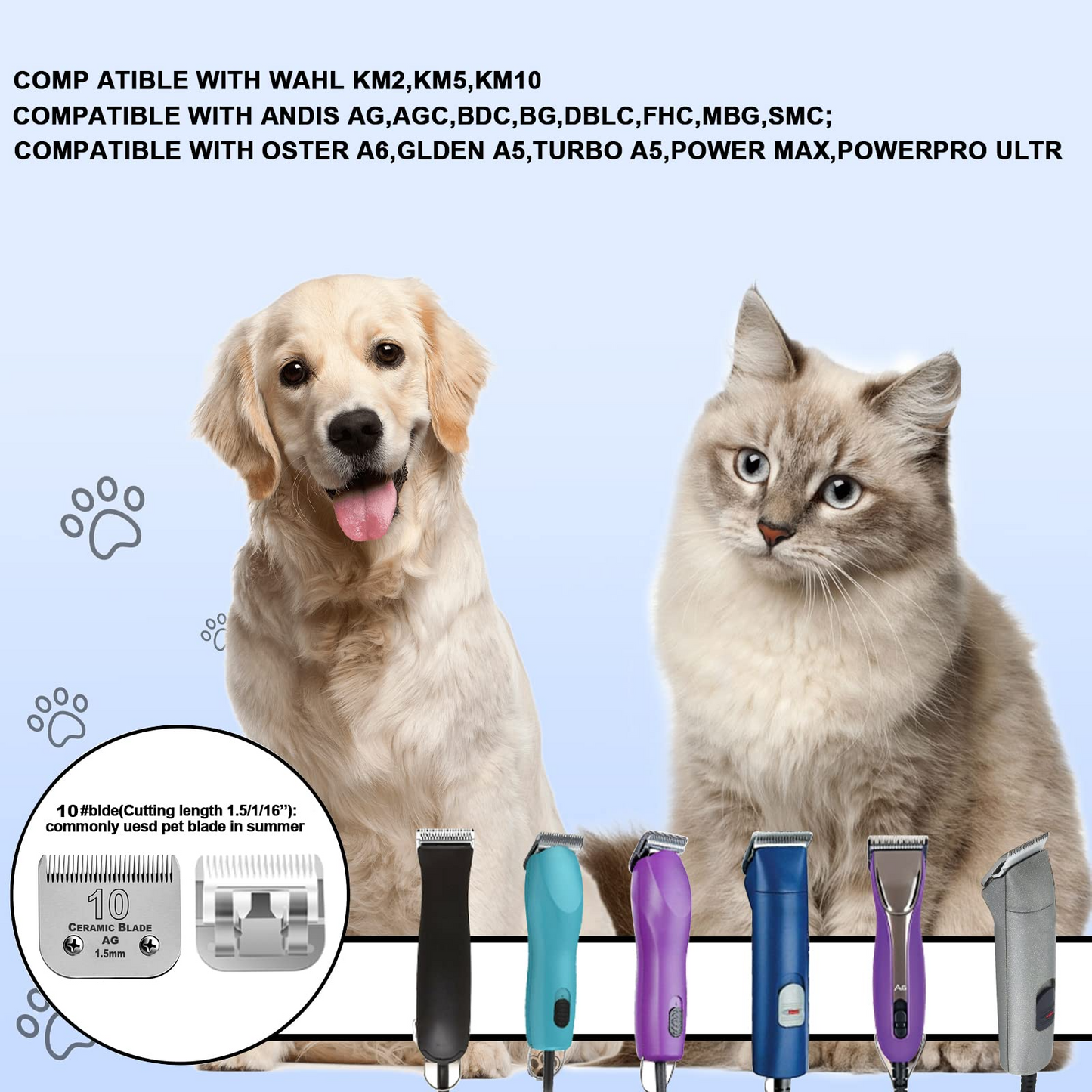 Dog Grooming Clipper Replacement Blades Compatible with Andis/Wahl / Oster Dog Clippers #10+#30+5FC